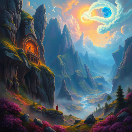 dreamlike landscape, ethereal ambiance, vivid colors, otherworldly, surrealism, fantastical realms, mystical creatures, atmospheric lighting, imaginative textures, intricate details, expansive vistas, enchanted forests, mystical atmospheres, fantasy legends, vibrant hues, captivating scenery, mythical influences, magic-infused landscapes, painterly techniques, whimsical elements