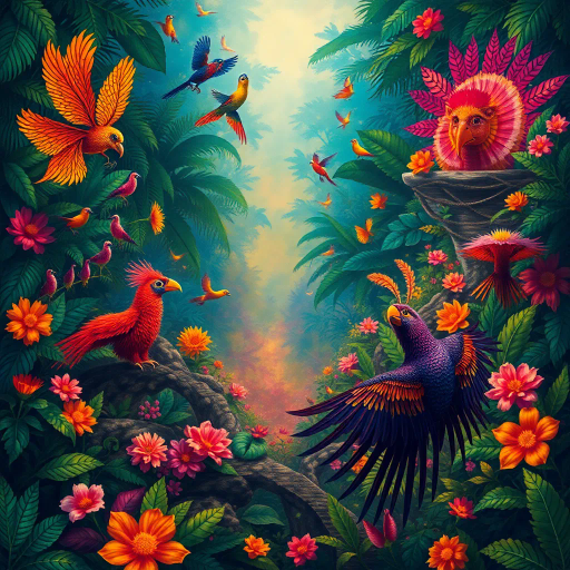 vibrant rainforest, carnival energy, tropical palette, intricate textures, Gustavo Rosa, surrealism, expressive forms, dynamic movement, colorful feathers, mystical beings, atmospheric perspective, lush foliage, samba rhythms, cultural tapestry, radiant lighting, whimsical creatures, vibrant celebrations, exotic wildlife, lively atmosphere, magical realism, imaginative scenery, rhythmic patterns, bold silhouettes