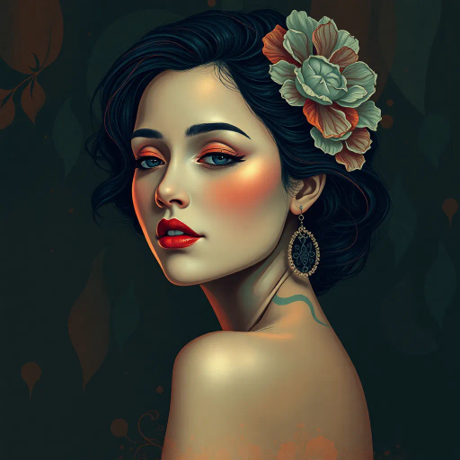 serene, ethereal, portrait of a woman, evocative mood, vibrant colors, intricate patterns, chiaroscuro lighting, inspired by Alphonse Mucha, art nouveau elements, flowing lines, delicate textures, renaissance influences, elegant poise, contemplative expression, natural beauty, soft pastel hues, atmospheric depth, delicate brushstrokes, cultural fusion, modern twist, abstract background, imaginative composition, timeless elegance