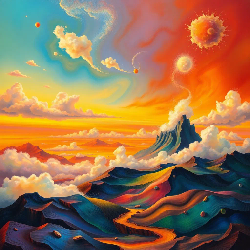 surreal landscape, Salvador Dalí, vibrant color palette, dreamlike atmosphere, ethereal lighting, expansive horizon, whimsical clouds, painterly textures, vivid contrast, imaginative scenery, otherworldly ambiance, fluid forms, infinite space, symbolic elements, mystical aura, fantastical worlds, abstract composition, juxtaposed realities, enigmatic essence
