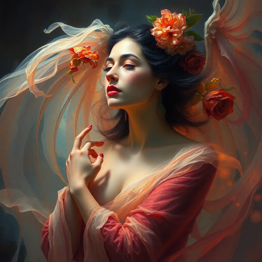 ethereal woman, renaissance lighting, dramatic contrasts, vibrant hues, delicate textures, impressionist influences, emotionally evocative, modern twist, surrealism undertones, dynamic composition, fluid movement, Baroque era inspiration, intricate details, fantastical elements, cultural richness, harmonious balance, mythical aura, expressive gesture, lively ambiance, magical realism, soft brushstrokes, timeless beauty, ethereal glow, chiaroscuro, dreamlike atmosphere, enchanting presence, painterly strokes, vivid storytelling, artistic harmony, Claude Monet, Sandro Botticelli