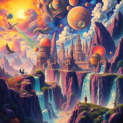 surreal landscape, futuristic cityscape, ethereal glow, vibrant color palette, Salvador Dalí influence, dream-like imagery, intricate details, cascading waterfalls, luminous skies, mythical creatures, otherworldly architecture, dynamic movement, cosmic energy, enchanting forest, mystical ambiance, juxtaposition of elements, imaginative realms, whimsy and wonder, sweeping vistas, fluid forms, elaborate patterns, celestial bodies, vibrant contrast, expansive spaces, psychedelic inspiration