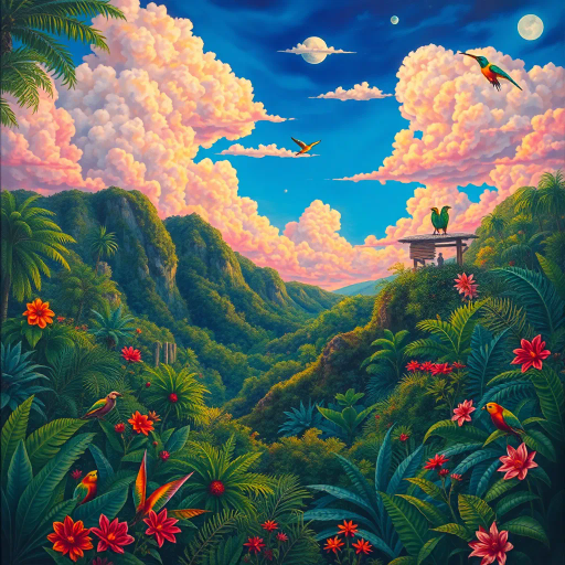 vivid rainforests, carnival atmosphere, vibrant colors, intricate details, lush foliage, rich cultural heritage, magical realism, Brazilian landscape, surreal clouds, tropical wildlife, Henri Rousseau influence, rhythmic movement, radiant sunlight, festive mood, intricate patterns, exotic birds, mythical elements, celebratory spirit, tropical flora, samba rhythm, enchanting scenery