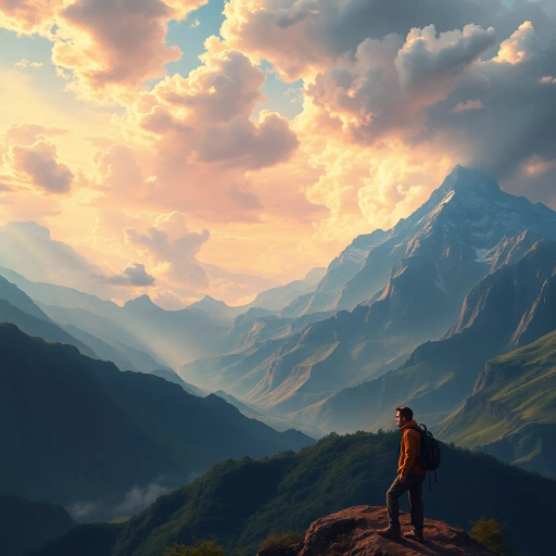 majestic mountains, expansive panorama, serene traveler, epic vista, dramatic lighting, ethereal clouds, vibrant colors, sweeping perspective, awe-inspiring landscape, tranquil mood, fine details, natural textures, sense of wonder, harmonious composition, exploration theme, high contrast, panoramic scale, delicate brushwork, romanticism influences, atmospheric depth, grandiosity, peaceful solitude, J.M.W. Turner, Caspar David Friedrich, luminous skies, magical realism, wondrous horizons, serene escapade, adventurous spirit, vibrant hues, intricate details, timeless beauty, lush greenery, surreal forms