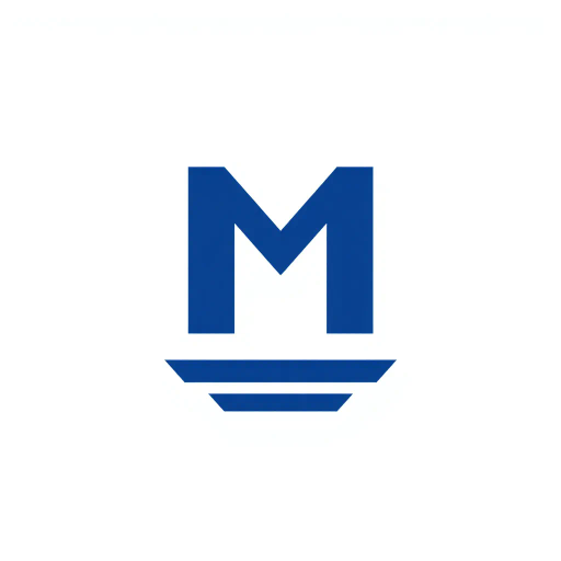 bold M logo mark, solid geometric letter, subtle thin horizontal connector lines, structured layers, indigo color palette, white background, modern, minimalism, SaaS branding, flat vector design, abstract shape, Bauhaus influence, contemporary aesthetics, clean lines, simplicity, corporate identity, negative space, elegant typography, high contrast, symbolic representation, streamlined composition, digital branding