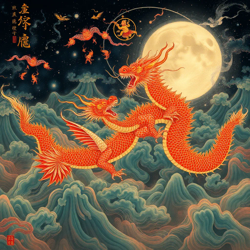 ancient Chinese mythology, dragons, celestial beings, intricate patterns, vibrant colors, Ming Dynasty influence, dramatic lighting, ethereal landscapes, scroll painting techniques, surreal imagery, traditional symbolism, fluid motion, historical architecture, cultural richness, timeless elegance, rich textures, mythological creatures, artistic storytelling, harmony and balance, epic scale, spiritual essence
