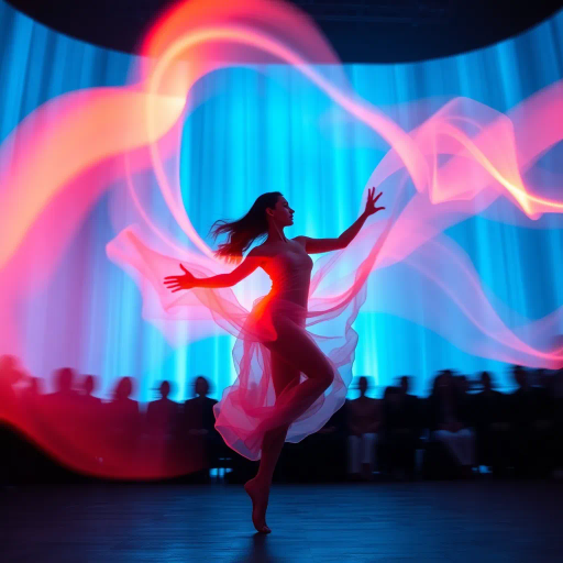 elegant movement, fluid lines, dynamic pose, neon glow, impressionist blur, cold color palette, ethereal light, Isaac Julien influence, artistic motion, serene expression, kinetic energy, contemporary style, azure hues, audience silhouettes, dramatic lighting, motion blur, high contrast, vibrant atmosphere, artistic sweep, expansive composition, luminous textures