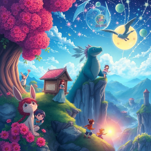 magical realism, vibrant colors, Studio Ghibli influence, fantastical creatures, serene landscapes, dynamic action, whimsical characters, high detail, emotional depth, Miyazaki style, enchanting worlds, youthful adventure, celestial elements, soft gradients, expressive eyes, intricate line work, fairy-tale atmosphere, cultural symbolism, ethereal lighting, narrative richness, dreamlike quality