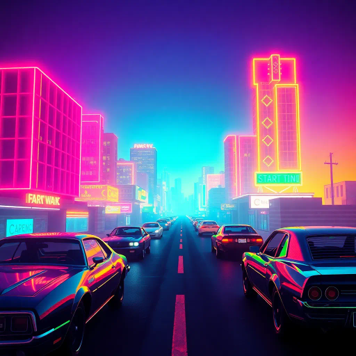 retrowave, neon glow, synthwave, 1980s nostalgia, vibrant hues, retro aesthetics, cyberpunk influence, Miami Vice colors, gradient skies, glowing grids, vaporwave vibes, futurism, digital landscape, pulsating lights, surreal cityscapes, cinematic framing, synth music inspiration, futuristic cars, nightscape, neon signs, chrome textures, dynamic perspective, electrifying ambiance