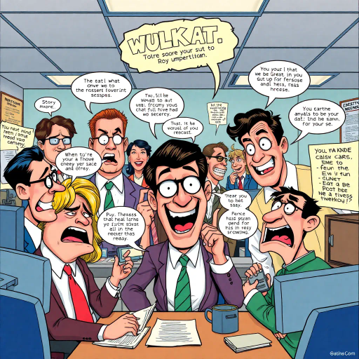 satirical workplace comedy, surreal humor, ensemble cast, bureaucratic chaos, 21st century pop culture, vibrant color palette, exaggerated expressions, dynamic panels, Roy Lichtenstein influences, witty dialogue, mundane office setting, everyday absurdities, overlapping story arcs, exaggerated caricatures, visual puns, contemporary Americana, awkward social interactions, humorous banter, slapstick elements, narrative vignettes, satirical undertones