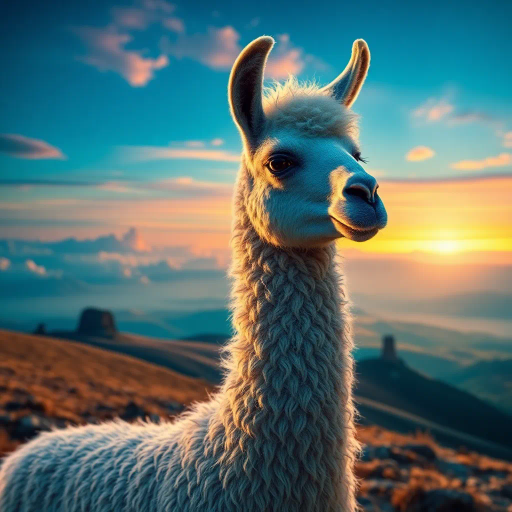 majestic llama, surreal landscape, dramatic lighting, detailed fur texture, enchanting colors, Salvador Dali influences, ethereal glow, mystical presence, vibrant pastels, intricate wool patterns, luminous aura, dreamlike setting, sweeping panoramic view, whimsical essence, mythical creatures, otherworldly terrain, soft and diffuse shadows, playful innocence, elegant posture, transcendent beauty, imaginative environment
