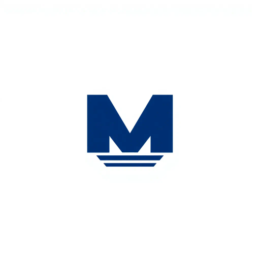 bold M logo mark, solid geometric letter, structured layers, subtle thin horizontal connector lines, indigo on white, modern minimal SaaS branding, flat vector, modernist simplicity, Bauhaus influence, clean design, minimalist aesthetics, structured composition, primary color palette, geometric precision, visual balance, negative space utilization, corporate identity, digital branding, contemporary design language, clarity in form