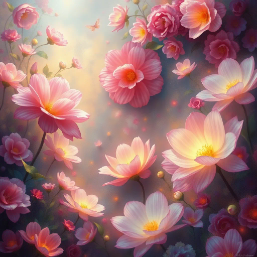 vibrant florals, surreal blooms, ethereal garden, Claude Monet influence, dreamlike atmosphere, luminous petals, soft pastels, Art Nouveau elements, mystical springtime, enchanted landscape, luminous glow, delicate brushstrokes, layered textures, intricate details, mythical fauna, whimsical elegance, organic forms, serene nature, iridescent highlights, immersive scenery, fantasy-art, Claude Monet, ethereal, dreamlike, mystical, glowing, Art Nouveau, whimsical, serene, iridescent, intricate, enchanted, organic, delicate, luminous, immersive