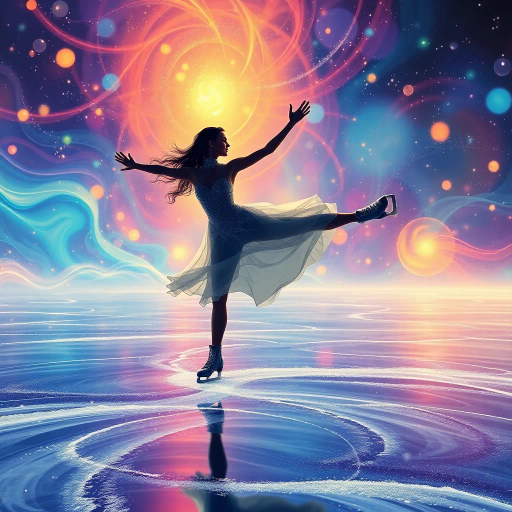 olympic figure skating contestant, surreal background, ethereal movement, vibrant colors, Salvador Dali influence, dreamscape setting, luminescent lighting, fluid textures, dynamic composition, winter wonderland, whimsical elements, soft focus, intricate details, flowing lines, mythical ambiance, surrealist art, juxtaposition of reality and fantasy, expansive space, emotional expression, celestial motifs, magical realism, uplifting mood, elegant silhouette, transformative atmosphere