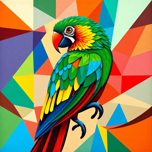 parrot, geometric shapes, vibrant colors, intricate patterns, Pablo Picasso influence, cubism, modern art, detailed feathers, kaleidoscope effect, mosaic texture, harmonious composition, dynamic movement, abstract representation, bold and vivid, interplay of shapes, fragmented forms, surreal imagination, expressive curves, playful symmetry, tropical essence