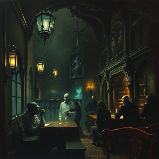 eerie tavern, dim lighting, unsettling atmosphere, surrealist influence, dark tones, chiaroscuro, moody ambiance, distorted figures, haunted presence, gothic architecture, shadows, eerie glow, expressionist touch, emotive brush strokes, baroque composition, mysterious patrons, warped reflections, nightmarish scene, ethereal fog, ghostly whispers, Salvador Dalí, H.R. Giger, horror elements, intricate textures, unsettling quiet, enigmatic details