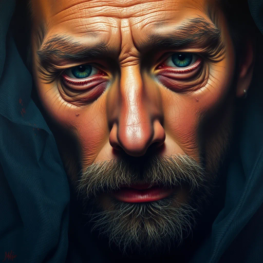 hyper-realistic portrayal, detailed textures, chiaroscuro lighting, vibrant and muted color palette, emotional depth, large scale framing, Renaissance influence, lifelike representation, dramatic composition, John Singer Sargent, Vermeer influences, vivid realism, intricate patterns, timeless atmosphere, focus on facial expressions, subtle brushwork, three-dimensional depth, intimate perspective, storytelling elements, realistic textures, meticulous detail