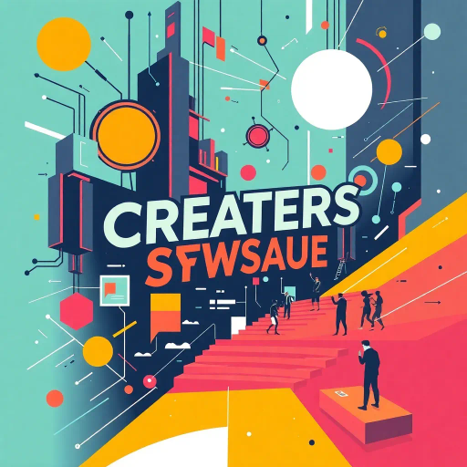 futuristic, innovative design, creators showcase, dynamic composition, engaging, playful typography, Bauhaus influences, vibrant color palette, geometric abstraction, collaborative energy, contemporary illustration, community spirit, bold lines, creative expression, digital media, interactive elements, expressive, modern aesthetics, storytelling, artistic flair