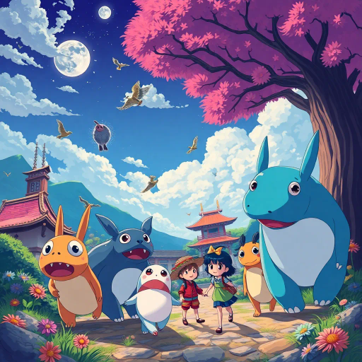 vibrant, Studio Ghibli, dynamic movement, bright colors, cel shading, whimsical, fantastical creatures, Japanese culture, expressive characters, large eyes, detailed scenery, storytelling, emotion-filled, Miyazaki-esque, surreal worlds, imaginative, youthful energy, modern twists, visual storytelling, romanticism, enchanting landscapes, cultural motifs, bold outlines