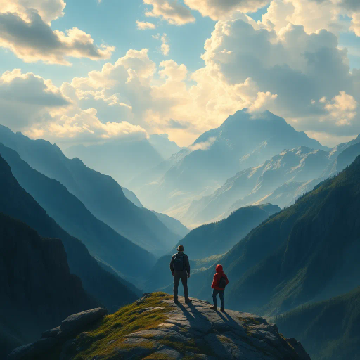 majestic mountains, expansive panorama, serene traveler, epic vista, dramatic lighting, ethereal clouds, vibrant colors, sweeping perspective, awe-inspiring landscape, tranquil mood, fine details, natural textures, sense of wonder, harmonious composition, exploration theme, high contrast, panoramic scale, delicate brushwork, romanticism influences, atmospheric depth, grandiosity, peaceful solitude, fantastical realism, Thomas Cole inspiration, mystical aura, timeless beauty, enchanting world, imaginative scenery, celestial elements, dreamlike horizon, sublime vision