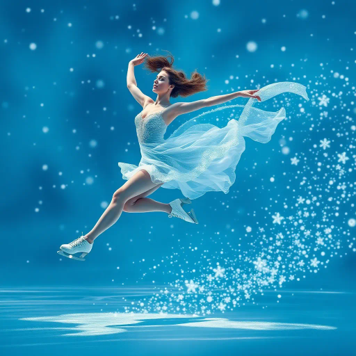 graceful figure skater, winter olympics, dynamic motion, snowflakes, ethereal elegance, shimmering ice, flowing movement, Olympic grandeur, azure and silver tones, soft focus, high contrast, serene mood, Henri Matisse influence, impressionistic touch, detailed textures, dynamic composition, dramatic lighting, elegance and speed, athletic poise, cultural celebration, balanced symmetry, fluid lines, intricate detail, vibrant energy, frosty atmosphere, modern interpretation