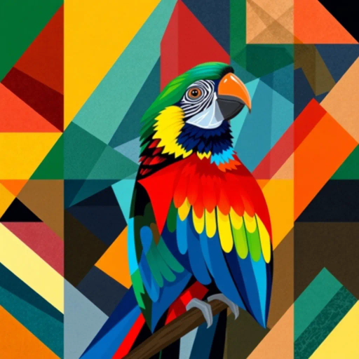 vivid parrot, geometric patterns, vibrant colors, cubism influences, Pablo Picasso, dynamic composition, abstract shapes, bold lines, tropical elements, fragmented forms, symmetry and asymmetry, kinetic motion, bright feathers, environmental textures, modernist twist, lively expression, angular perspectives, intense hues, cultural symbolism, contemporary framing