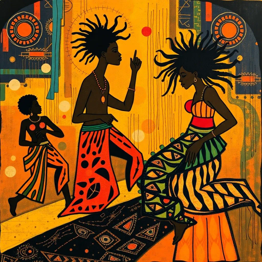 vibrant rhythms, Afrofuturism, dynamic movement, cultural fusion, rhythmic patterns, abstract forms, Jean-Michel Basquiat, energetic colors, warm earth tones, spiritual essence, geometric shapes, celebration of heritage, expressive lines, intricate textures, pulsating beats, modern African aesthetics, community gathering, holistic energy, kinetic flow, juxtaposition of tradition and innovation