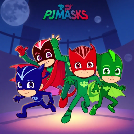 PJ Masks, cartoon characters, vibrant colors, energetic action, superhero themes, children's show, animated series, dynamic poses, vibrant hues, exaggerated expressions, teamwork and adventure, young heroes, nighttime mysteries, stylized animation, comic book influences, bold outlines, cel shading, whimsical storytelling, dynamic composition, Akira Toriyama, Hayao Miyazaki, Studio Ghibli, adventurous spirit, playful mood, dramatic angles, imaginative worlds, heroic journey, traditional animation techniques, contemporary influences, youthful flair