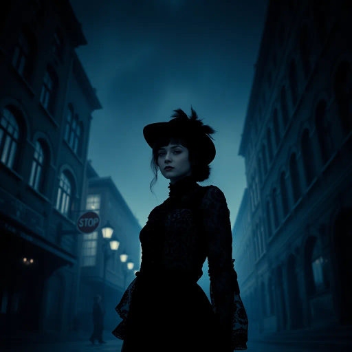 gothic fashion, collegiate theme, dark academia, moody palette, chiaroscuro lighting, Edward Hopper influence, intricate lace patterns, urban landscape, melancholic atmosphere, surreal perspective, modern gothic, cultural fusion, vintage textures, Baroque inspiration, mysterious aura, dramatic shadows, black and deep violet hues, emotional depth, youthful rebellion, artistic intent, Edwardian elegance