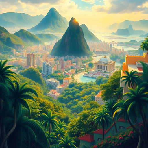 vibrant rainforest, sprawling cityscapes, Rio Carnival celebration, modernist architecture, Tarsila do Amaral, tropical paradise, lush landscapes, Samba rhythm, vivid color palettes, dynamic movement, cultural fusion, vibrant street art, warm sunlight, Copacabana beach, panoramic views, rich biodiversity, Botero-inspired figures, expressive brushstrokes, Amazon River, intricate textures, joyous atmosphere, cultural heritage, Henri Rousseau influence, energetic composition