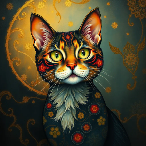 whimsical feline portrait, Gustav Klimt, vibrant colors, intricate patterns, Art Nouveau, golden accents, ethereal lighting, mystical atmosphere, delicate textures, elegant pose, curious expression, surreal background, flowing lines, organic shapes, dreamlike quality, high contrast, expressive eyes, artistic flair, decorative elements, atmospheric depth, fantasy-inspired