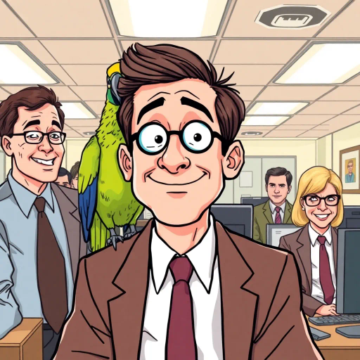 michael scott, vibrant colors, humorous expression, dynamic composition, satirical tone, exaggerated features, playful mood, vibrant palette, TV sitcom influences, lighthearted ambiance, witty dialogue, office environment, pop art style, american office setting, interplay of humor and absurdity, parrot, sketch-like outlines, ensemble cast, mockumentary style, quirky everyday life, work environment, subtle irony, michael scott, dunder mifflin, scranton, pennsylvania, documentary filming, comedic timing, deadpan expression, cultural phenomenon, paper company, witty banter, office antics, relatable humor, office supplies, jim halpert, pam beesly, dwight schrute, team dynamics, overhead fluorescent lighting, mundane yet charming, round camera angles, workplace relationships, exaggerated expressions, dynamic panels, humor-driven narratives, iconic moments, quirky personalities, expressive line work, sequential art story