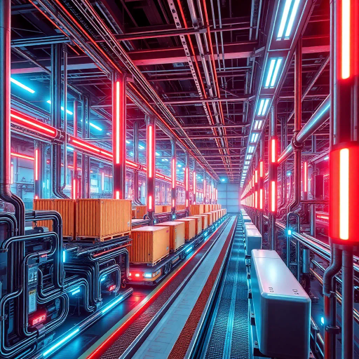 industrial, logistics, futuristic supply chain, vibrant neon lights, intricate networks, modern architecture, dynamic motion, urban landscape, efficiency, technological advancement, abstract geometry, complex systems, precision, order, scale, efficiency-driven design, Herman Miller influence, Bauhaus principles, modernism, vibrant color palette, high-tech materials, digital innovation, Alexander Calder inspiration, connectivity, streamlined structures, functional aesthetics, urban modernity