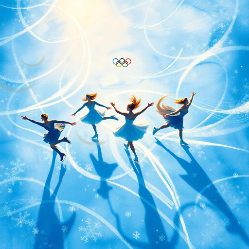winter Olympics, figure skating, athletes in motion, majestic grace, dynamic poses, icy blues and whites, shimmering ice, golden highlights, expressive movement, high contrast, detailed costumes, modern elegance, vibrant energy, Chagall-inspired figures, snowflake patterns, geometric ice, dramatic composition, aerial view, swirling patterns, frost-like textures, delicate brushwork, ethereal atmosphere, competitive spirit, Olympic rings, timeless elegance, global celebration