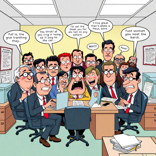 satirical workplace comedy, surreal humor, ensemble cast, bureaucratic chaos, 21st century pop culture, vibrant color palette, exaggerated expressions, dynamic panels, Roy Lichtenstein influences, witty dialogue, mundane office setting, everyday absurdities, overlapping story arcs, exaggerated caricatures, visual puns, contemporary Americana, awkward social interactions, humorous banter, slapstick elements, narrative vignettes, satirical undertones