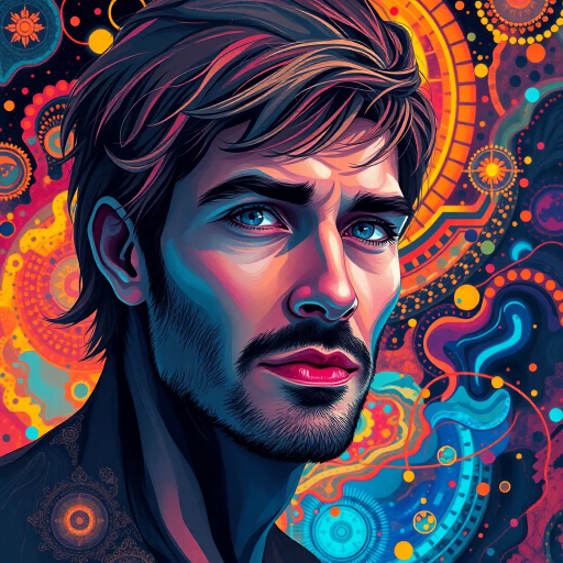 futuristic, portrait of Mike, vibrant colors, surrealism, intricate patterns, digital brushstrokes, warm lighting, ethereal atmosphere, high contrast, intricate details, Gustav Klimt inspiration, abstract composition, dynamic movement, expressive emotions, cybernetic elements, cosmic background, dreamlike quality, flowing lines, organic shapes, expansive space, imaginative symbolism, contemporary influences