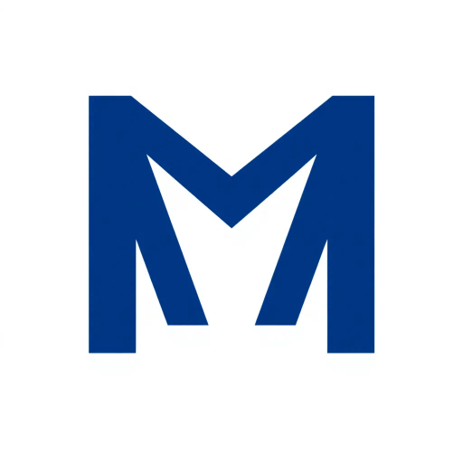 minimal M logo, perspective convergence, subtle depth, hierarchy suggestion, solid indigo blue, geometric design, modern technology influence, flat vector style, clean lines, stark contrast, white background, structural elegance, contemporary branding, spatial dynamics, minimalist symmetry, visual hierarchy, clarity in simplicity, Bauhaus inspiration, sleek execution