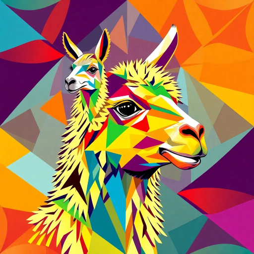 llama, geometric shapes, vibrant colors, cubism influence, dynamic symmetry, Pablo Picasso, fractal textures, bold outlines, abstract expressionism, prismatic structure, vivacious movement, modernist interpretation, kaleidoscope effect, contemporary design, high contrast, artistic whimsy, angular composition, chromatic spectrum, enchanting abstraction