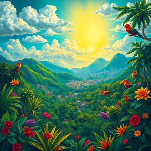 vivid rainforests, carnival atmosphere, vibrant colors, intricate details, lush foliage, rich cultural heritage, Brazilian landscape, surreal clouds, tropical wildlife, Henri Rousseau and Tarsila do Amaral influence, rhythmic movement, radiant sunlight, festive mood, intricate patterns, exotic birds, mythical elements, celebratory spirit, tropical flora, samba rhythm, enchanting scenery, sprawling cityscapes, Rio Carnival, modernist architecture, cultural fusion, vibrant street art, Copacabana beach, panoramic views, Botero-inspired figures, expressive brushstrokes, Amazon River, joyous atmosphere, Jorge Selarón, Carmen Miranda, exuberant colors, dynamic samba dancers, indigenous art, Afro-Brazilian heritage, urban diversity, chromatic brilliance