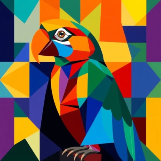 parrot, geometric shapes, vibrant colors, cubism, abstract expressionism, Pablo Picasso, modernist style, vivid hues, symmetry, minimalism, color blocking, high contrast, angular forms, dynamic composition, avian imagery, bold outlines, fragmentation, abstract bird, kaleidoscopic pattern, mosaic texture, visual rhythm, contemporary interpretation