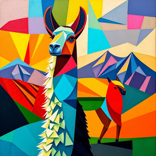 llama, geometric shapes, vibrant colors, cubism, Pablo Picasso, angular lines, abstract composition, dynamic form, surrealism, bright hues, cultural influence, mountain landscape, Andean region, playful mood, kaleidoscopic pattern, intricate details, mosaic texture, modern art, visual rhythm, artistic abstraction, essence of nature, experimental design