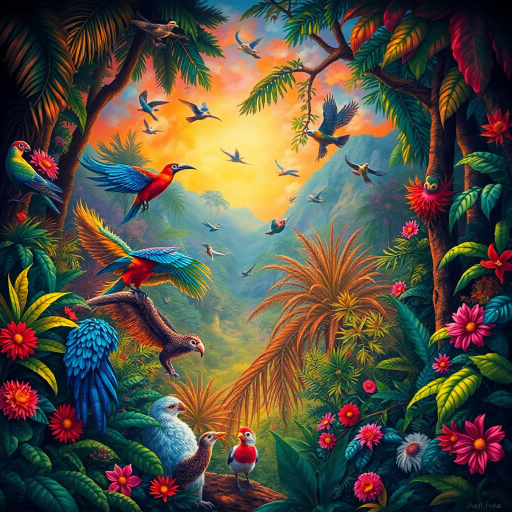 vibrant rainforest, carnival energy, tropical palette, intricate textures, Gustavo Rosa, surrealism, expressive forms, dynamic movement, colorful feathers, mystical beings, atmospheric perspective, lush foliage, samba rhythms, cultural tapestry, radiant lighting, whimsical creatures, vibrant celebrations, exotic wildlife, lively atmosphere, magical realism, imaginative scenery, rhythmic patterns, bold silhouettes