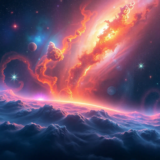 cosmic vistas, celestial landscapes, futuristic, vibrant nebulas, star clusters, vast galaxies, ethereal light, Hubble-inspired, vibrant color palettes, science fiction, surreal horizons, distant planets, cosmic dust, expansive space, swirling shapes, dynamic movement, deep space exploration, imaginative worlds, interstellar travel, otherworldly, surrealism, vastness, galactic elegance, celestial bodies, luminous constellations, cosmic harmony, stardust texture, kaleidoscopic imagery, Milky Way panorama, Escher-inspired, dreamlike ambiance, sci-fi grandeur, light-year scale, infinite cosmos, kaleidoscope symmetry, dynamic energy, cosmic symphony