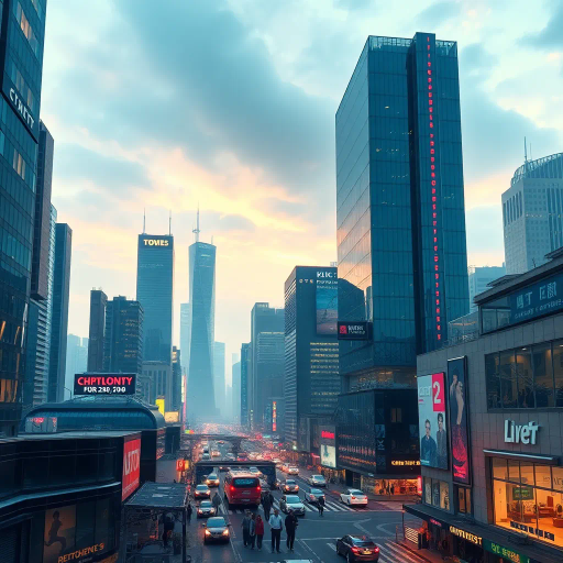 corporate skyscrapers, economic growth, futuristic cityscape, high-tech architecture, dynamic perspective, vibrant metropolis, Claude Monet meets cyberpunk, neon reflections, glass facades, bustling streets, technological advancement, innovation, sense of ambition, dramatic lighting, intricate detail, urban jungle, seamless integration, Bruno Taut inspiration, economic power, movement and progress, architectural geometry, interplay of light and shadow, urban symbolism, digital transformation, diverse cultures, global influence