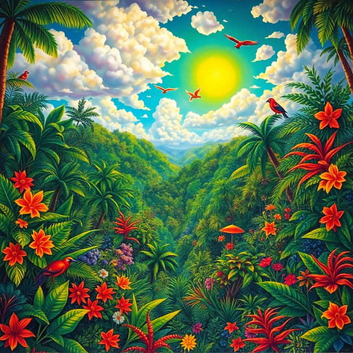 vivid rainforests, carnival atmosphere, vibrant colors, intricate details, lush foliage, rich cultural heritage, magical realism, Brazilian landscape, surreal clouds, tropical wildlife, Henri Rousseau influence, rhythmic movement, radiant sunlight, festive mood, intricate patterns, exotic birds, mythical elements, celebratory spirit, tropical flora, samba rhythm, enchanting scenery