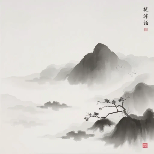 traditional chinese ink wash, minimalistic elegance, serene landscapes, Liu Shou-Kwan, soft gradients, flowing brushwork, monochrome palette, delicate textures, introspective mood, atmospheric depth, ancient Chinese heritage, meditative visuals, harmonious balance, elegant simplicity, cultural symbolism, elegant calligraphy, ethereal mists, timeless beauty, spiritual journey, intricate line quality, profound serenity, tranquil tone, classical composition, restrained palette, intrinsic harmony