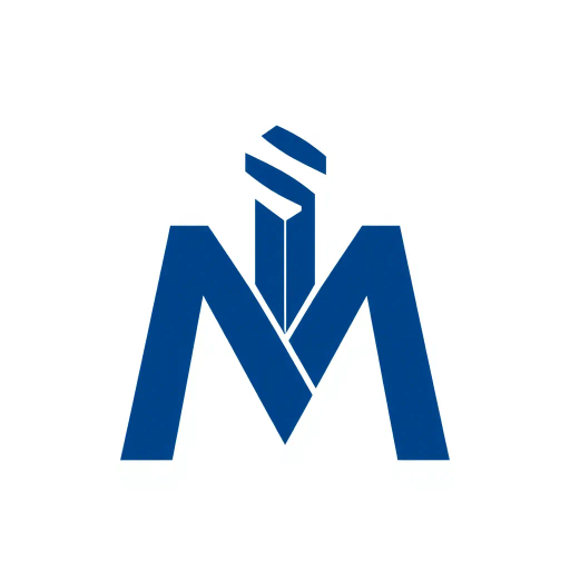 bold letter M, logo design, parallel strokes, subtly tapering, upward hierarchy, structure, solid indigo blue, clean geometric vector, white background, minimalist style, modernist design, Bauhaus influence, negative space, precision, symmetry, sleek lines, contemporary aesthetics, iconic branding, dynamic movement, visual balance, artistic clarity, abstraction, graphic design principles