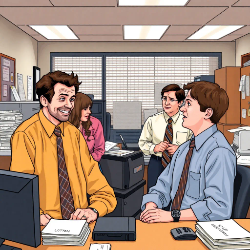 satirical, workplace comedy, 2000s television, vibrant characters, humorous interactions, Michael Scott, Jim Halpert, Dwight Schrute, sardonic wit, office dynamics, banter, mundane setting, Scranton, paper company, unconventional storytelling, ensemble cast, mockumentary style, Steve Carell, quirky relationships, deadpan humor, varied personalities, narrative arcs, expressive body language, exaggerated emotions, bright lighting, cheerful ambiance, subtle social commentary, scenographic composition