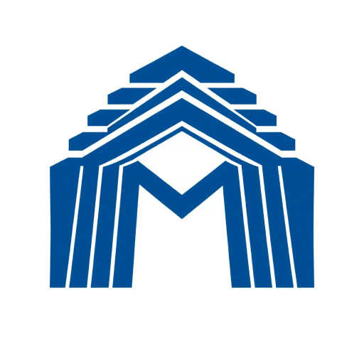 bold letter M, parallel strokes, tapering structure, upward hierarchy, indigo blue, geometric precision, vector design, minimalist aesthetic, structural elegance, balance and symmetry, clean composition, white background, modernist influences, Bauhaus geometry, minimal lines, disciplined form, artistic clarity