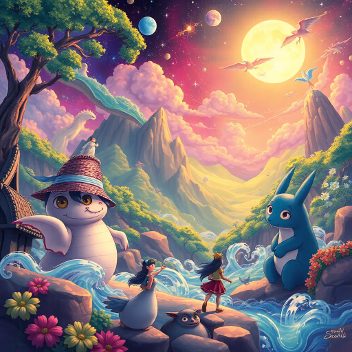 magical realism, vibrant colors, Studio Ghibli influence, fantastical creatures, serene landscapes, dynamic action, whimsical characters, high detail, emotional depth, Miyazaki style, enchanting worlds, youthful adventure, celestial elements, soft gradients, expressive eyes, intricate line work, fairy-tale atmosphere, cultural symbolism, ethereal lighting, narrative richness, dreamlike quality
